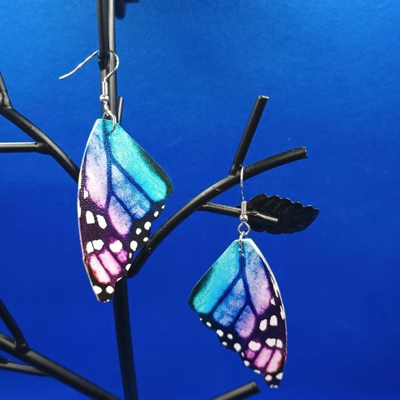 Vegan Leather Blue/Pink Butterfly Wing Earrings. - Picture 4 of 4